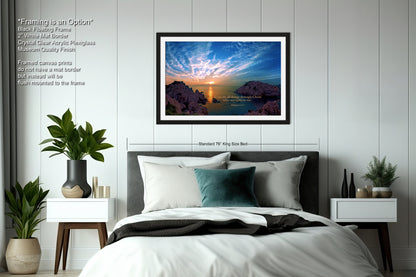 a bedroom with a large bed and a painting on the wall