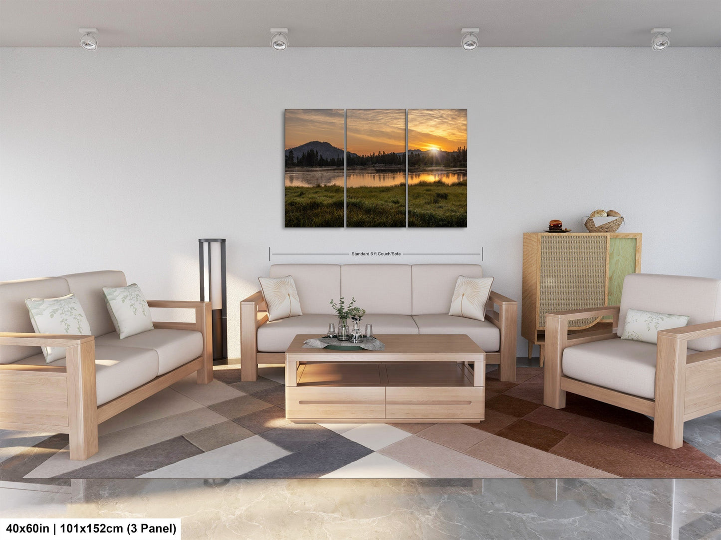 a living room filled with furniture and a painting on the wall