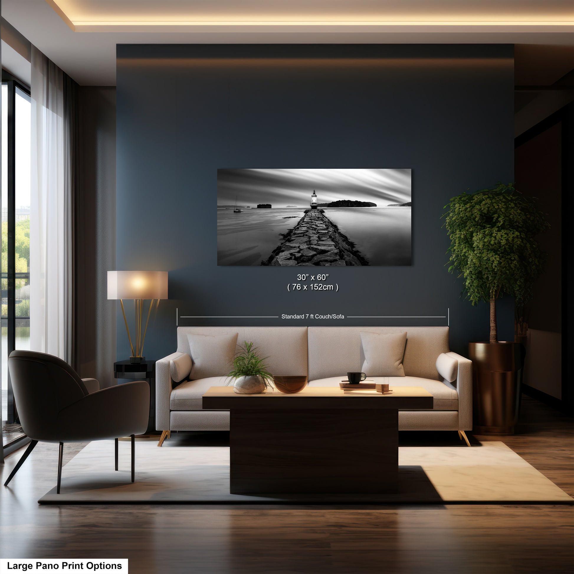 a living room with a couch and a table