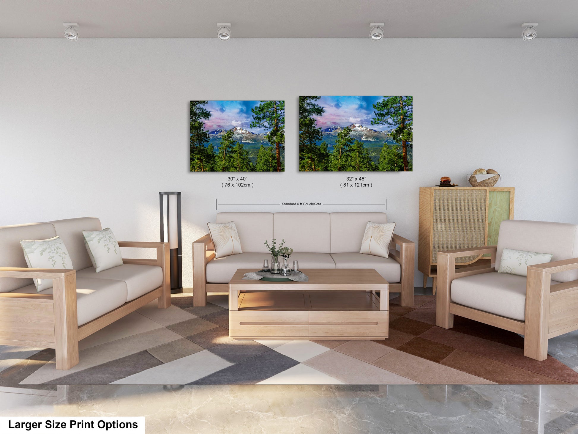 a living room filled with furniture and a painting on the wall