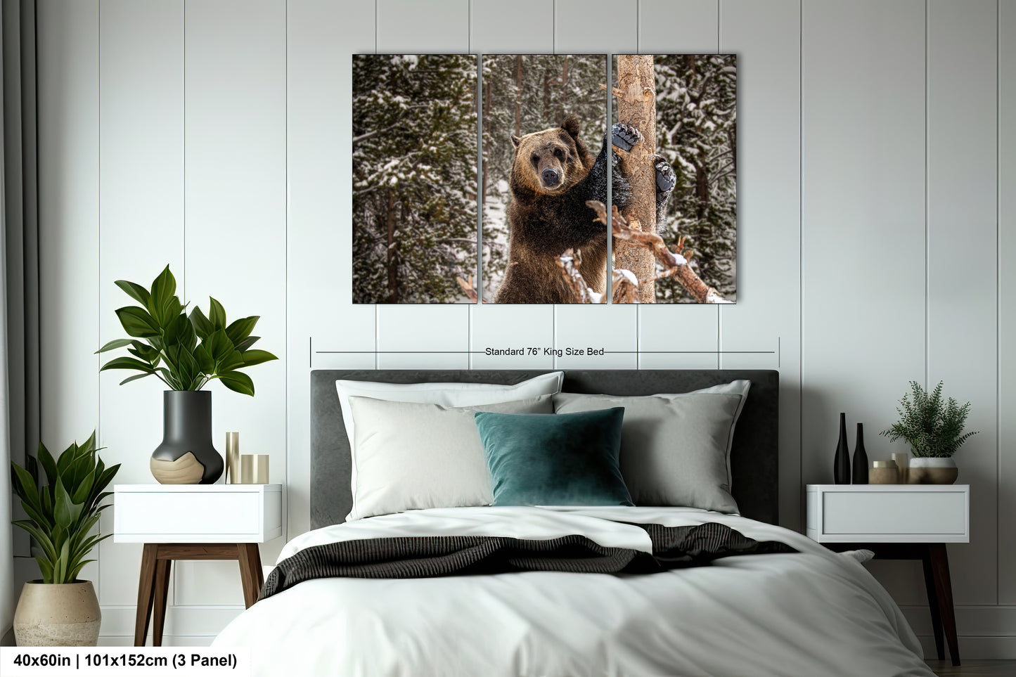 a bed room with a neatly made bed and a painting on the wall