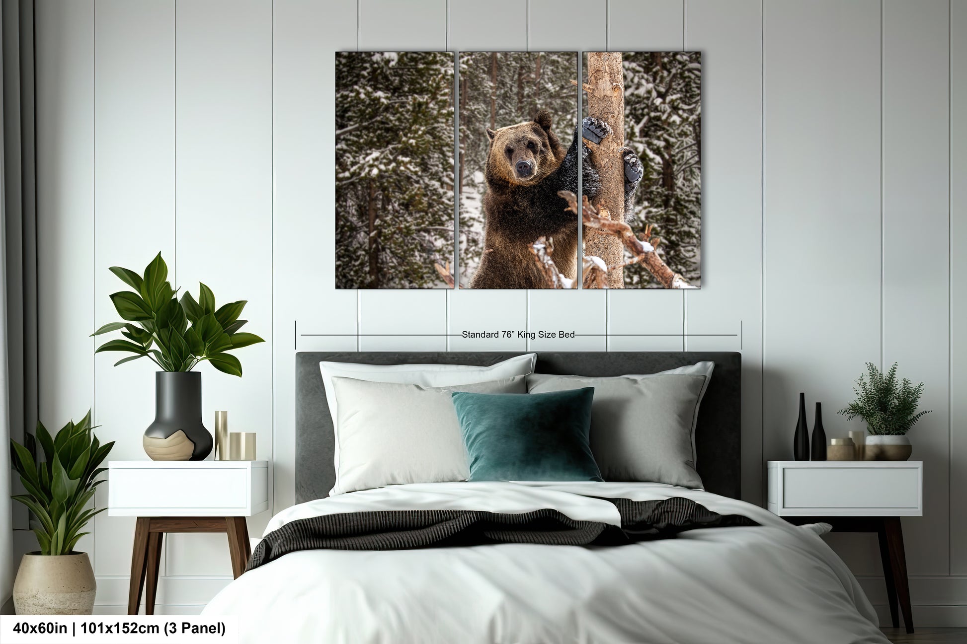 a bed room with a neatly made bed and a painting on the wall