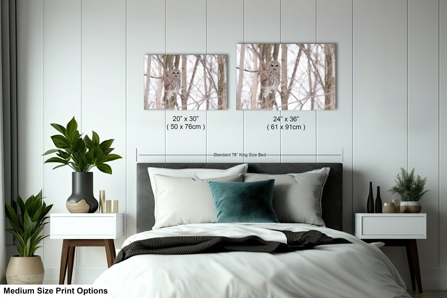 a bed with a white comforter and two pictures on the wall above it