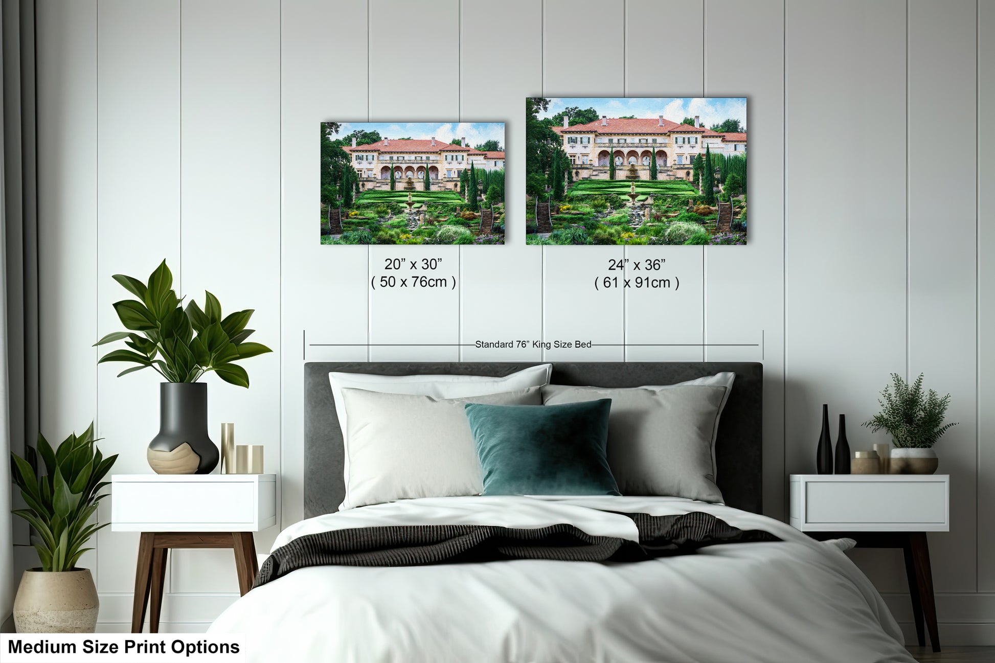 a bedroom with a bed and two pictures on the wall