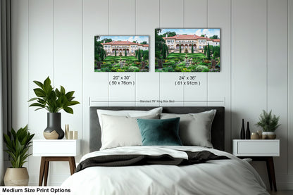 a bedroom with a bed and two pictures on the wall