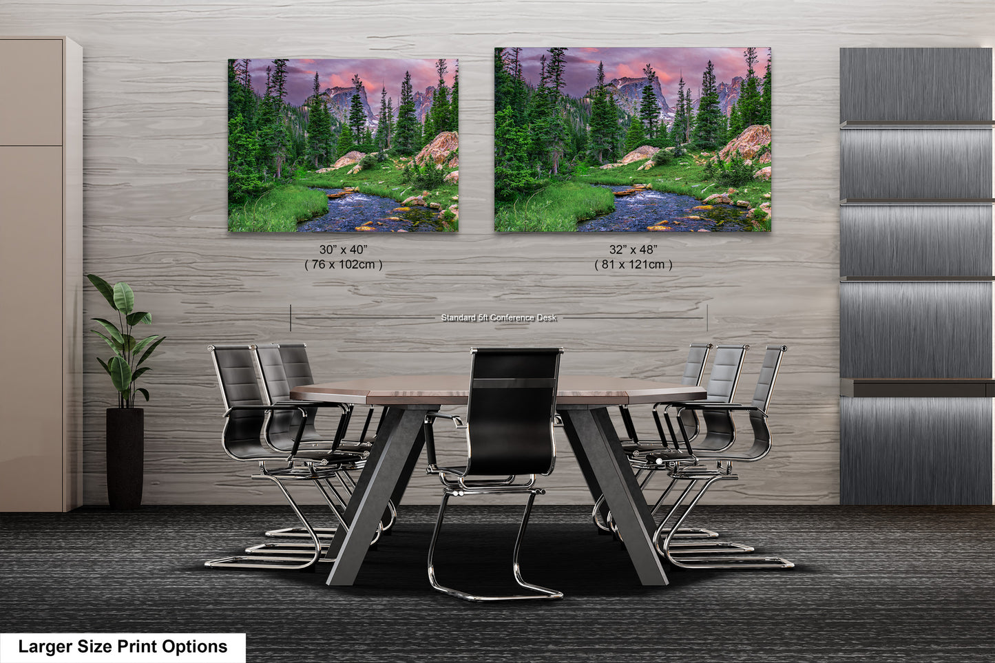 a dining room table with chairs and two pictures on the wall