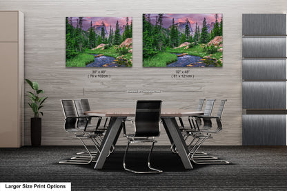 a dining room table with chairs and two pictures on the wall