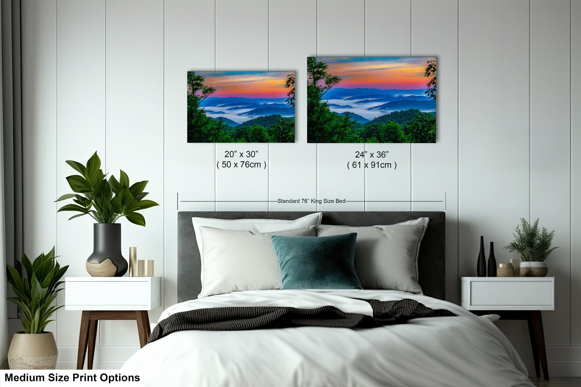 a bedroom with a bed and two paintings on the wall