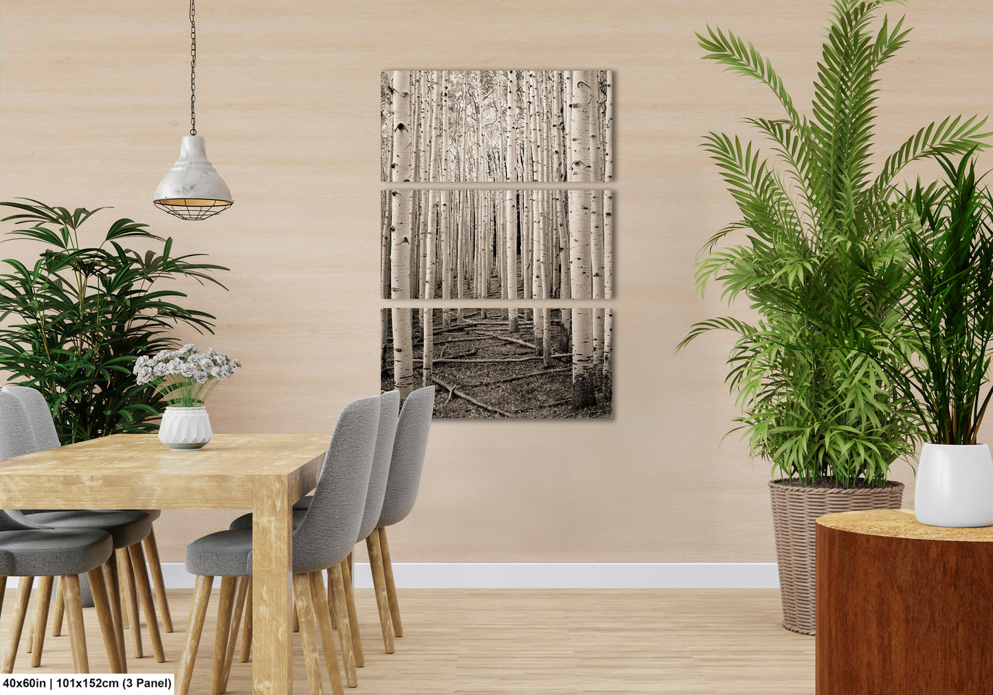 a dining room with a wooden table and chairs