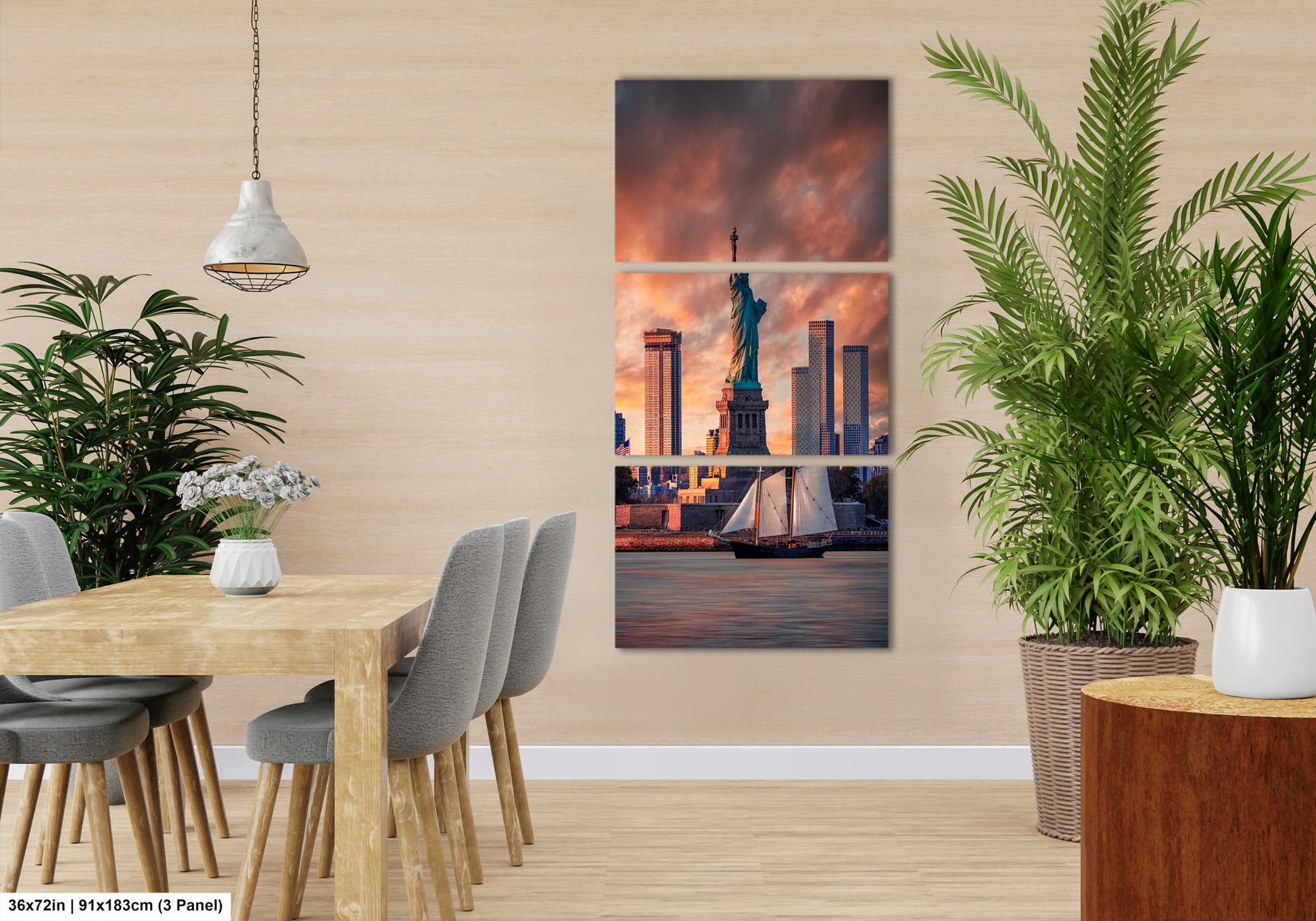 a dining room with a table and chairs and a picture of the statue of liberty