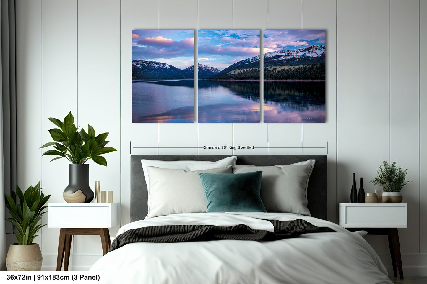 a bedroom scene with a bed and two paintings on the wall