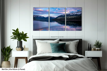 a bedroom scene with a bed and two paintings on the wall