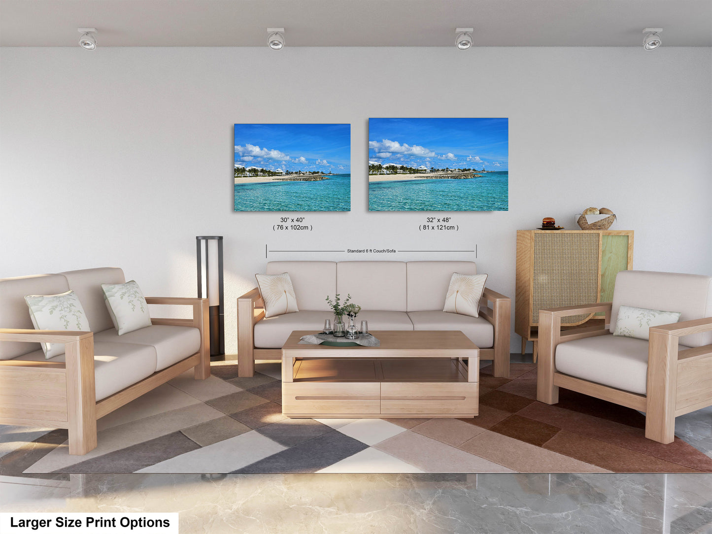 a living room with two pictures on the wall