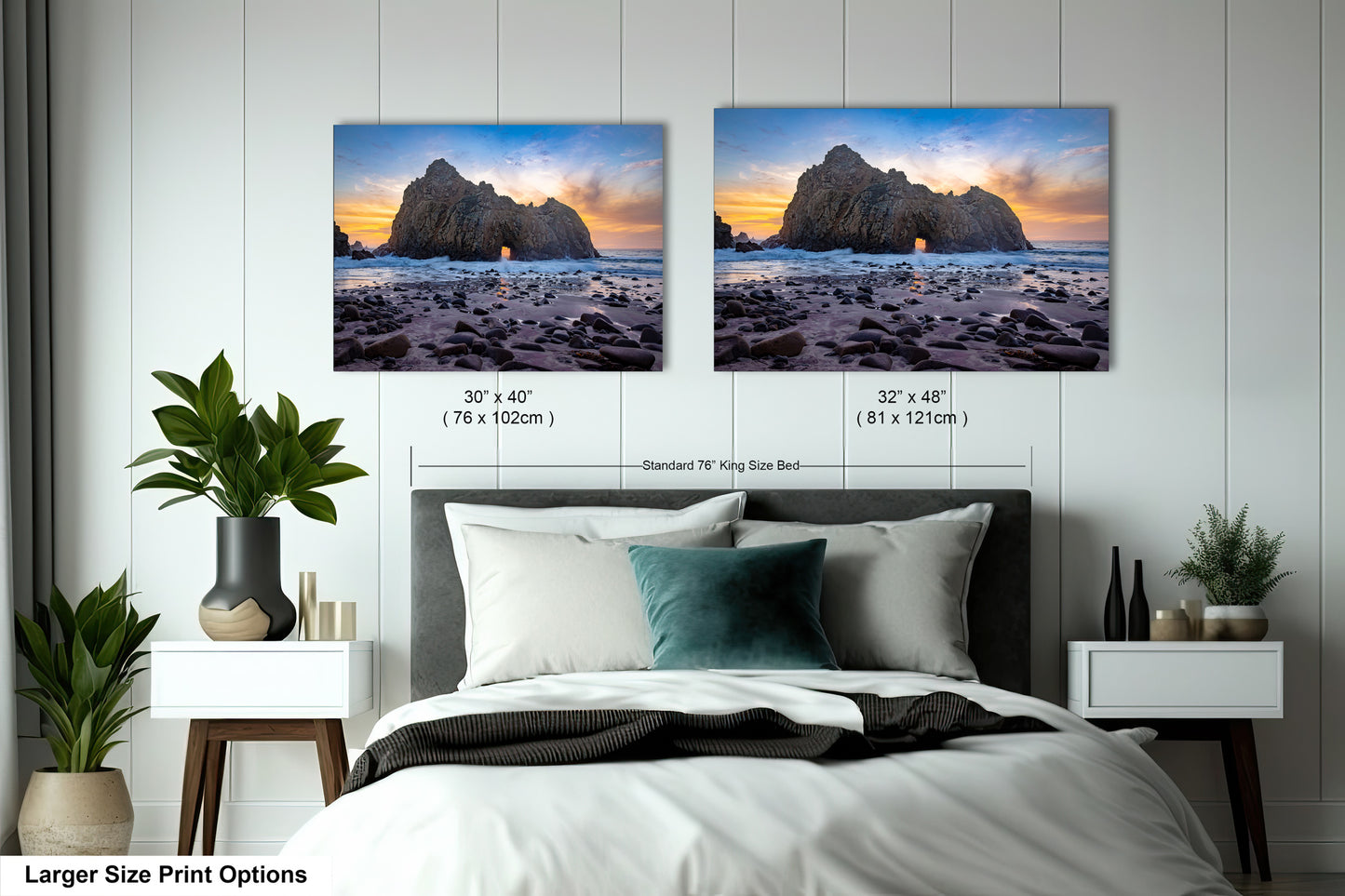 a bedroom with a bed and two pictures on the wall