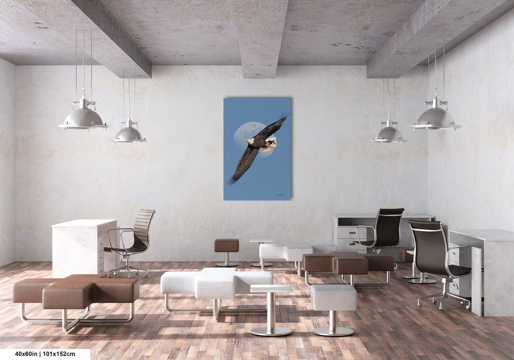 a modern office space with a large blue poster of a soaring eagle on the wall, surrounded by various office furniture and lighting fixtures.