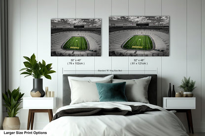 a bedroom with a bed and two pictures on the wall