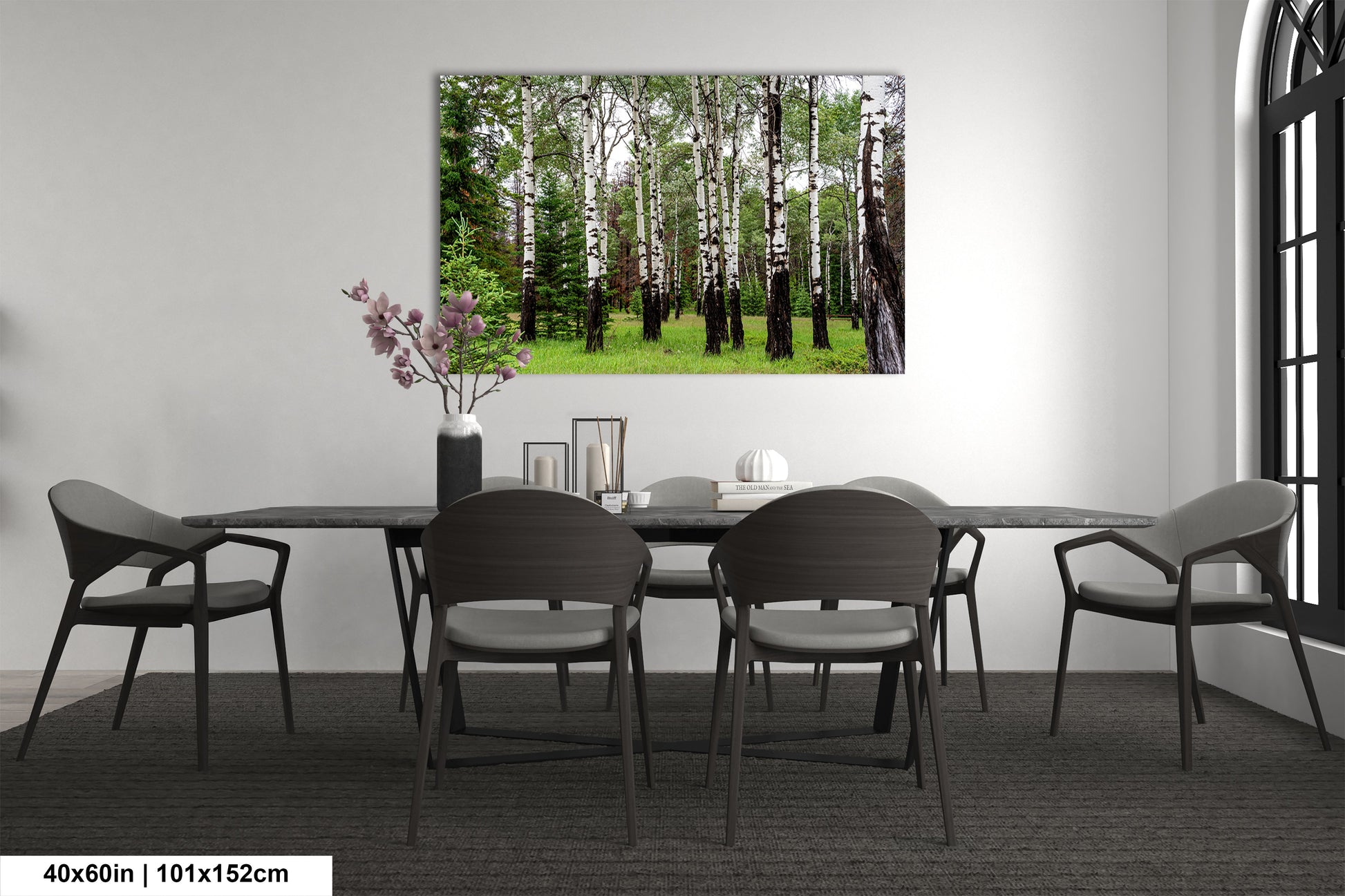 a dining room with a table and chairs