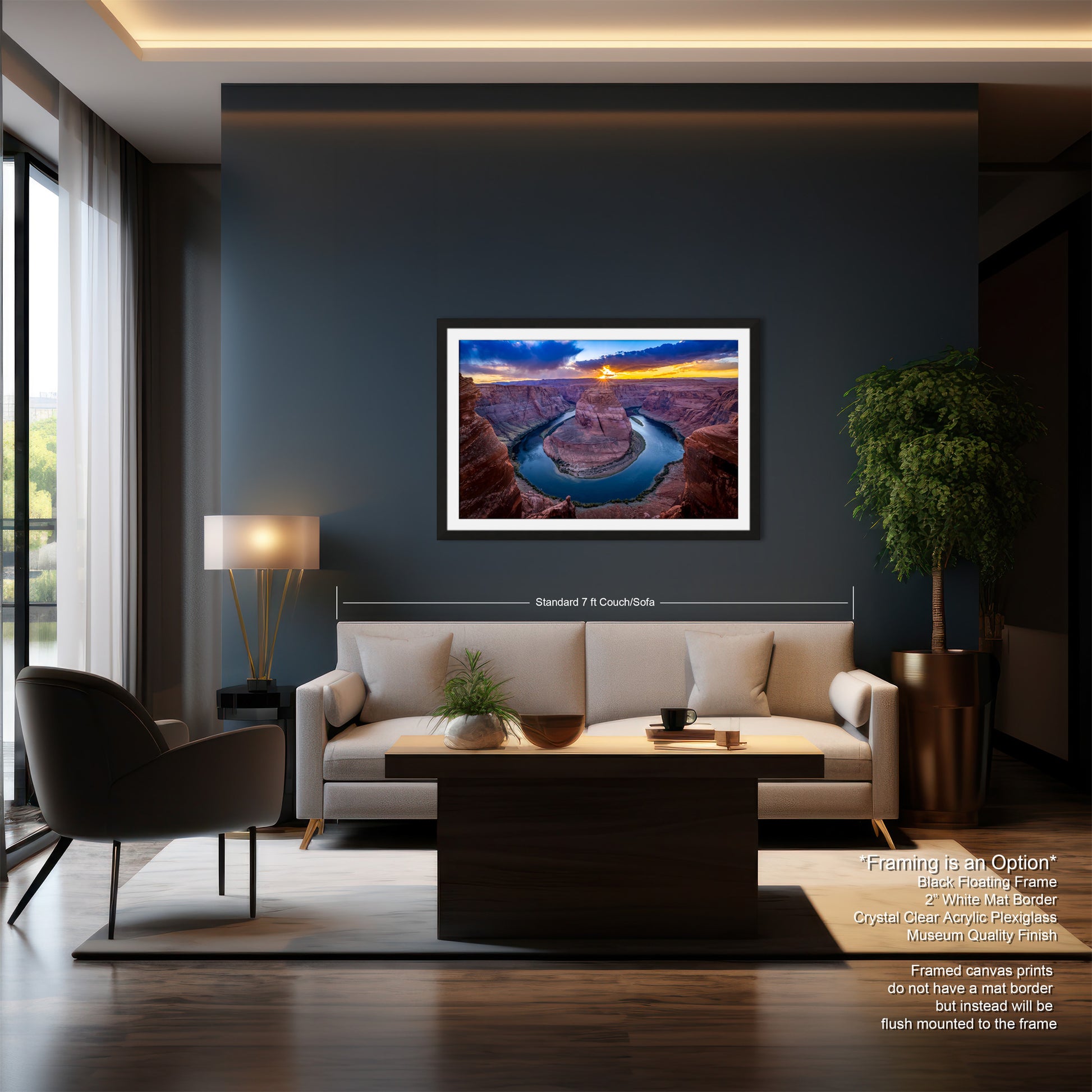 a living room with a couch and a painting on the wall