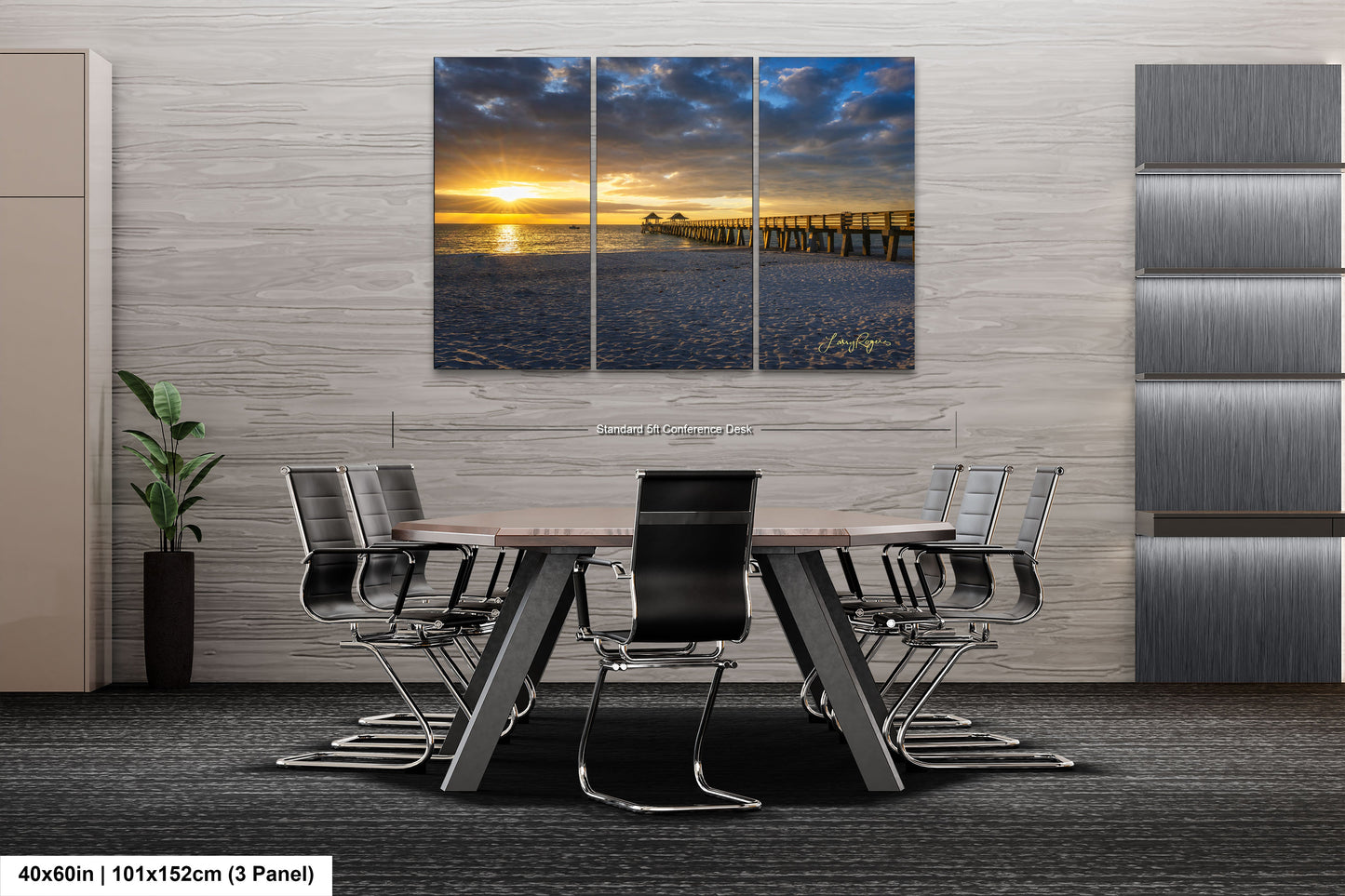 a dining room table with chairs and a wall hanging