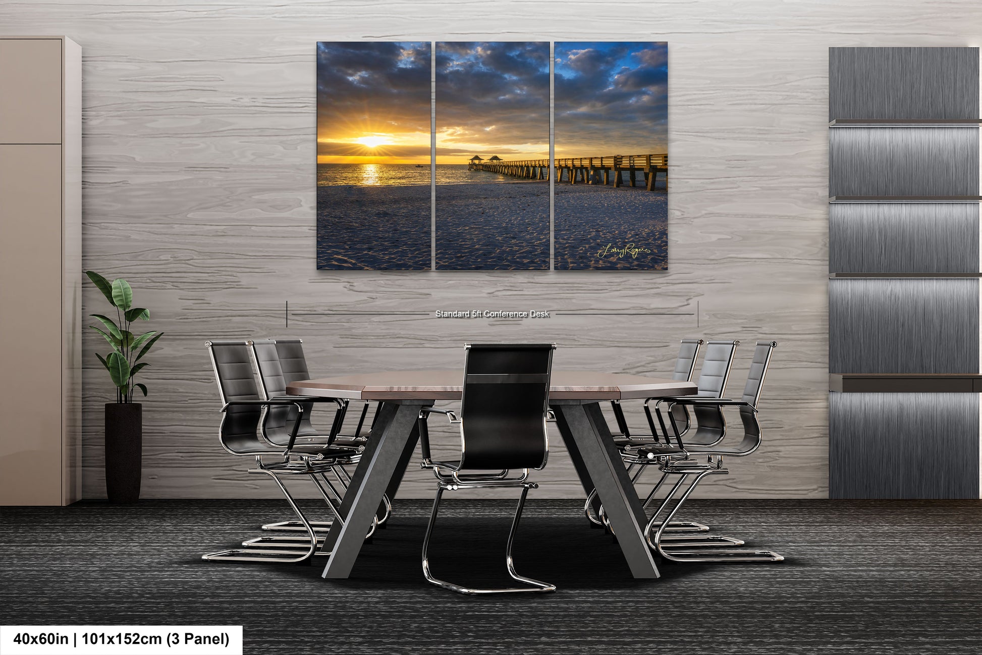 a dining room table with chairs and a wall hanging