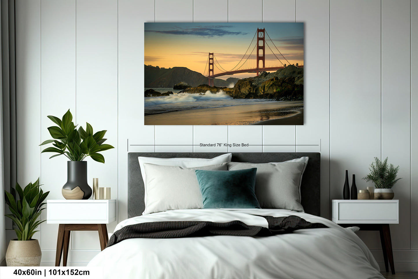 a bedroom with a bed and a painting on the wall