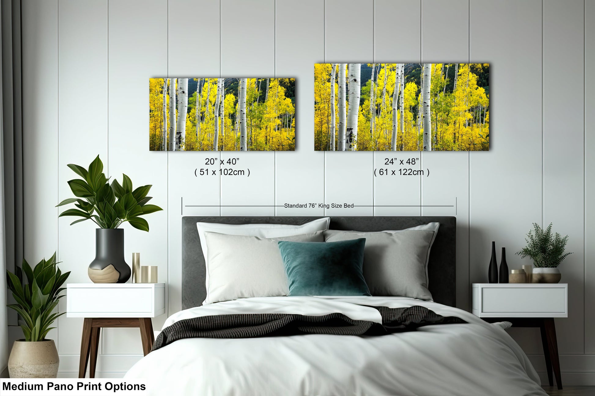 a bed room with a neatly made bed and two pictures on the wall