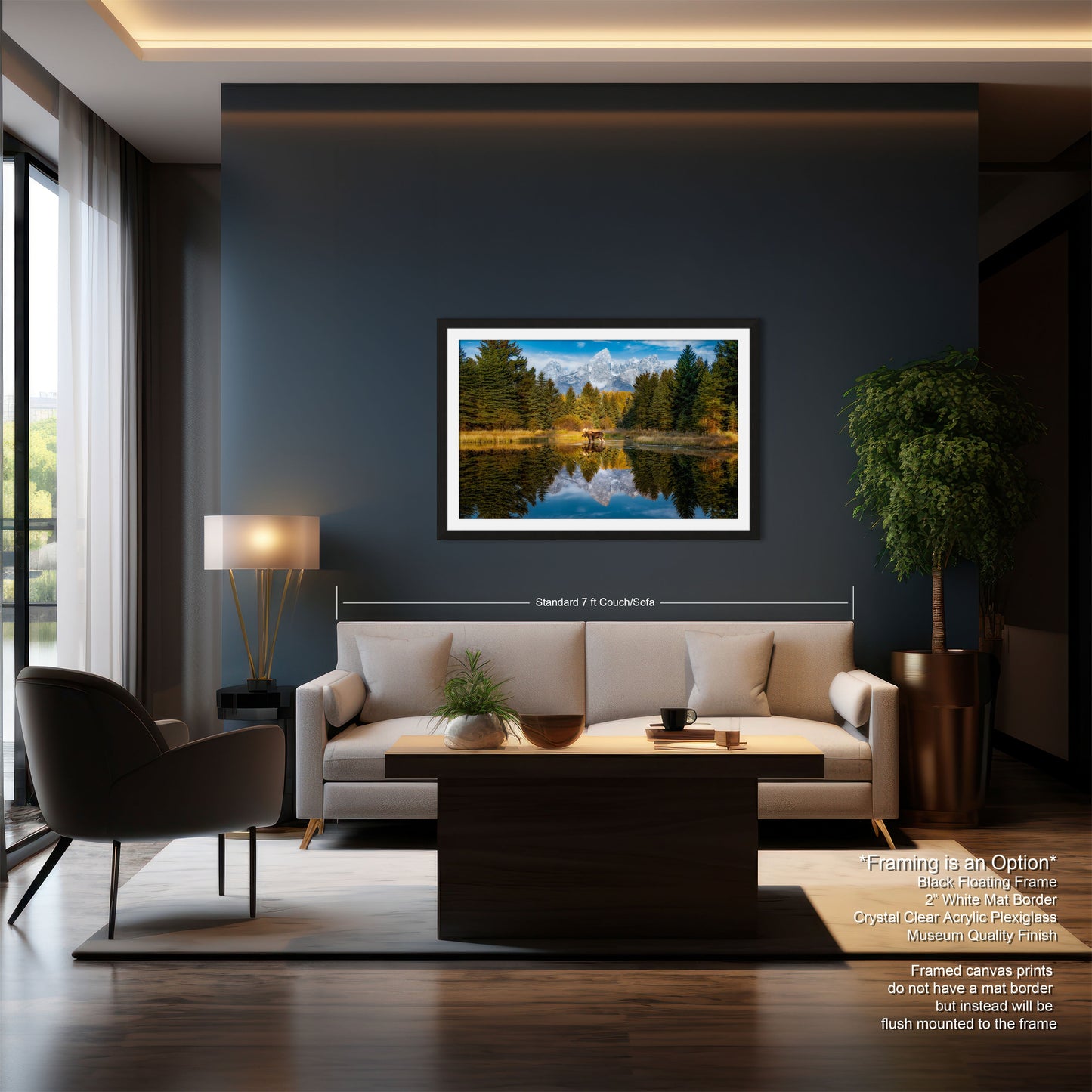 a living room with a couch a table and a painting on the wall