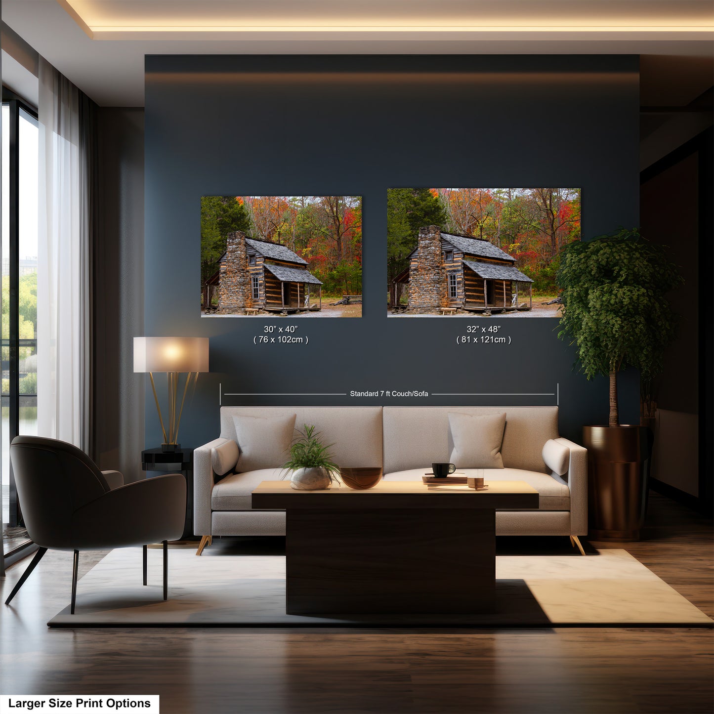 a living room filled with furniture and a painting on the wall