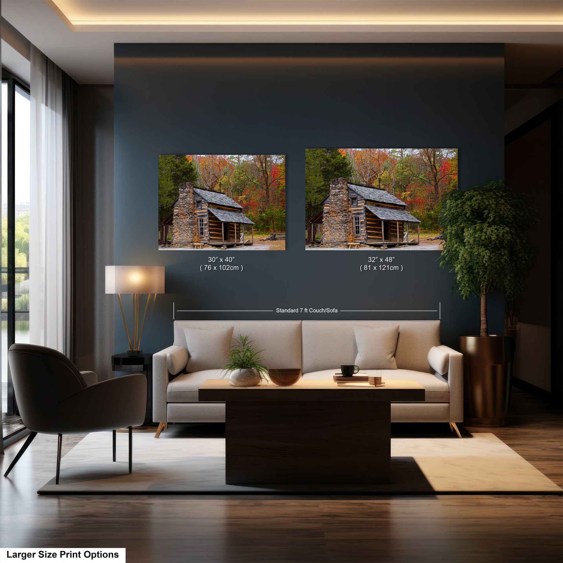 a living room filled with furniture and a painting on the wall