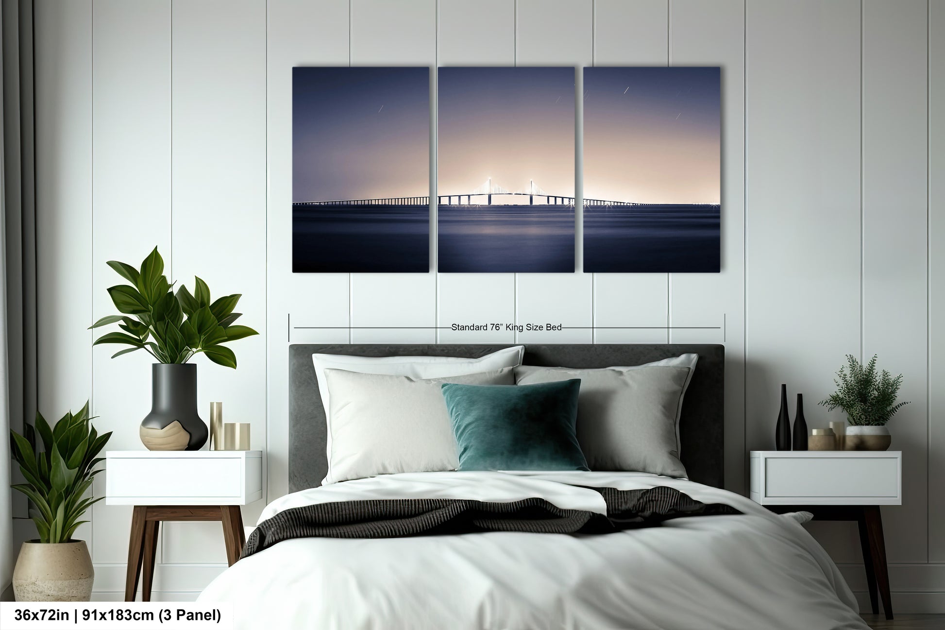 a picture of a bed with a bridge in the background