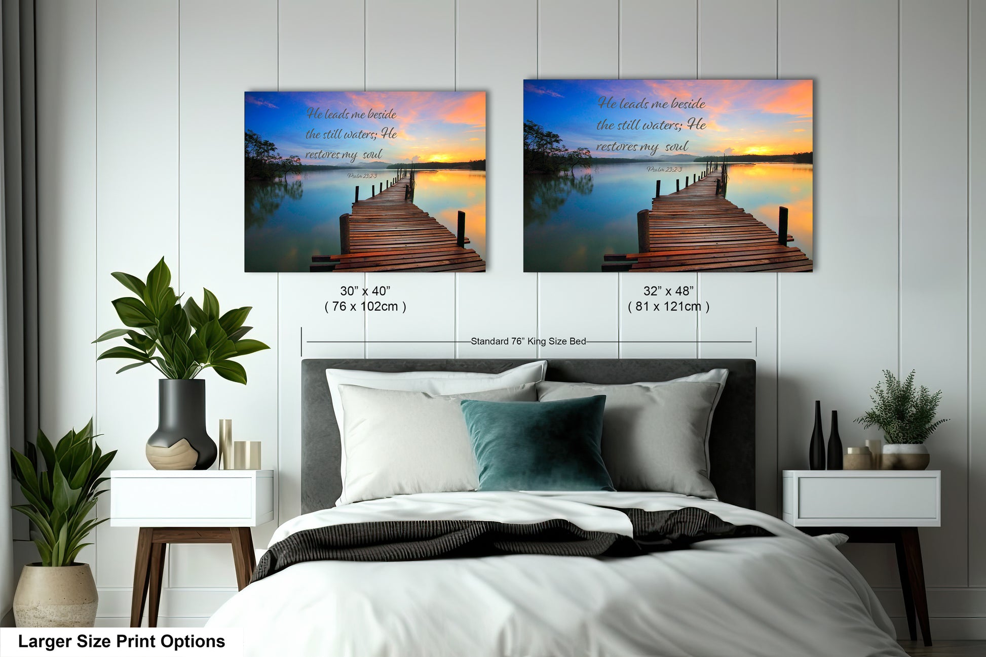 a bed room with a large bed and two pictures on the wall