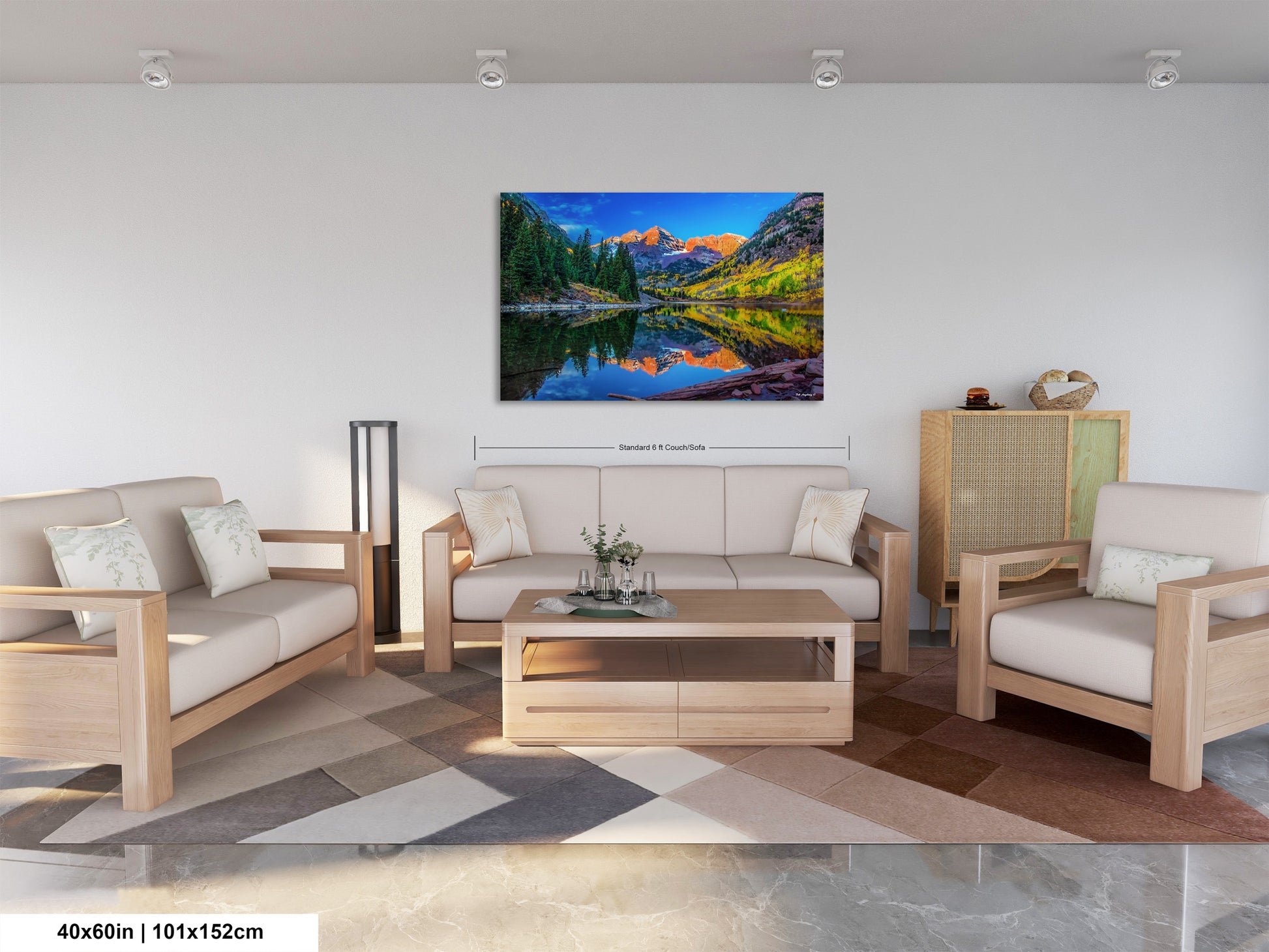 a living room filled with furniture and a painting on the wall