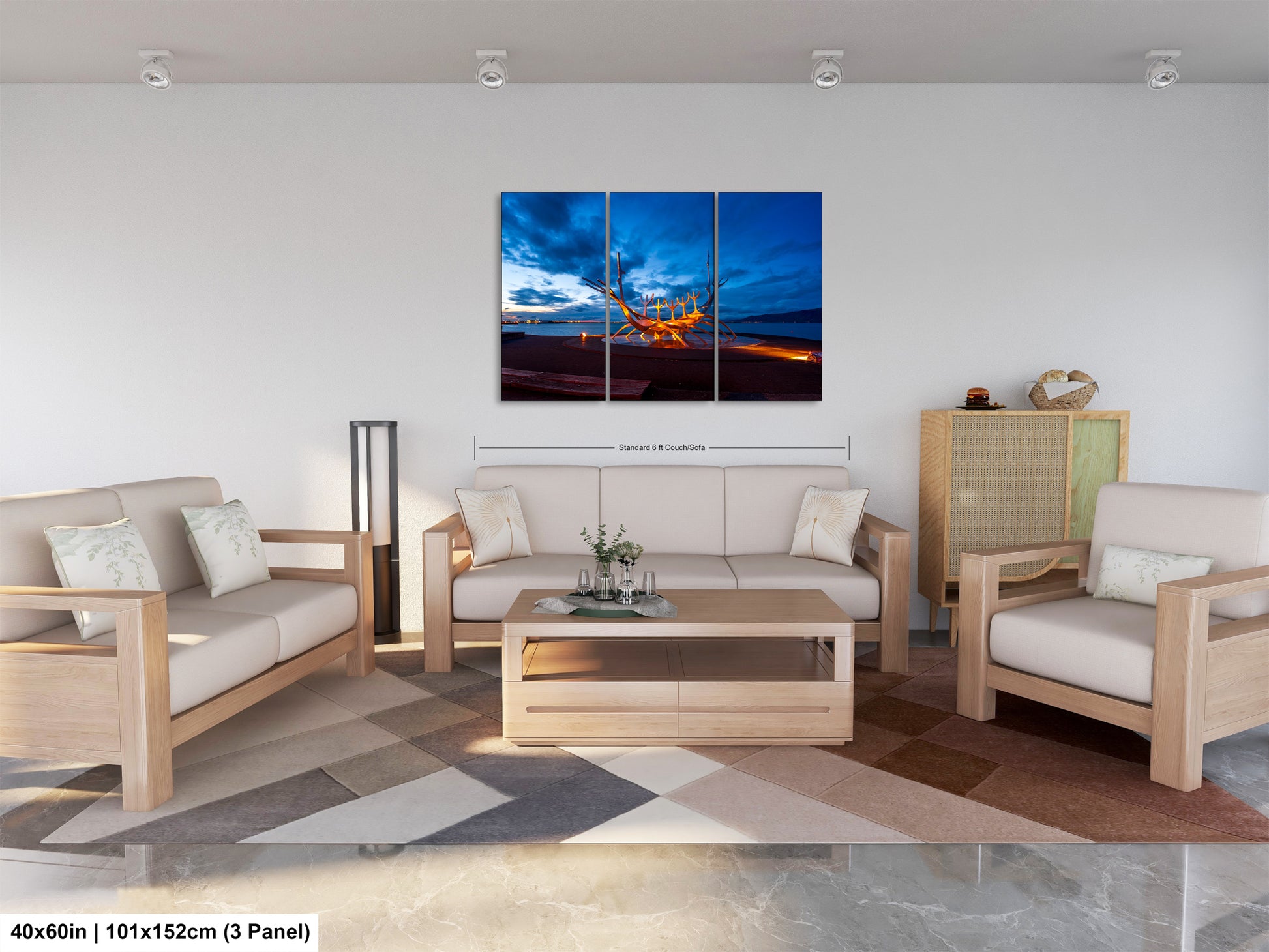 a living room filled with furniture and a painting on the wall