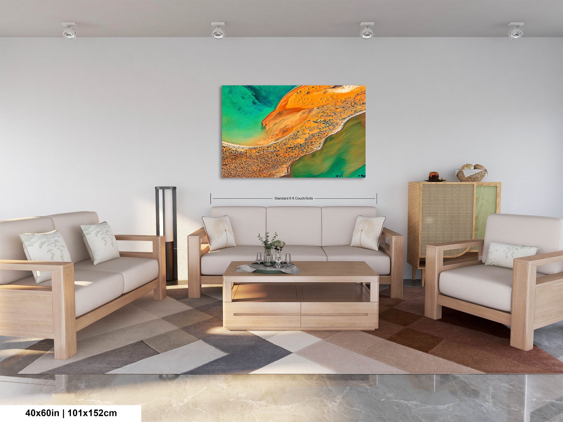 a living room filled with furniture and a painting on the wall