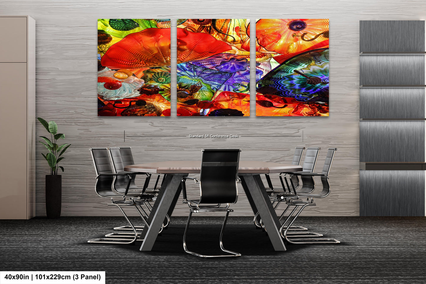 a dining room table with chairs and a painting on the wall