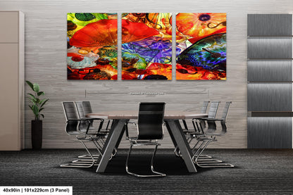 a dining room table with chairs and a painting on the wall
