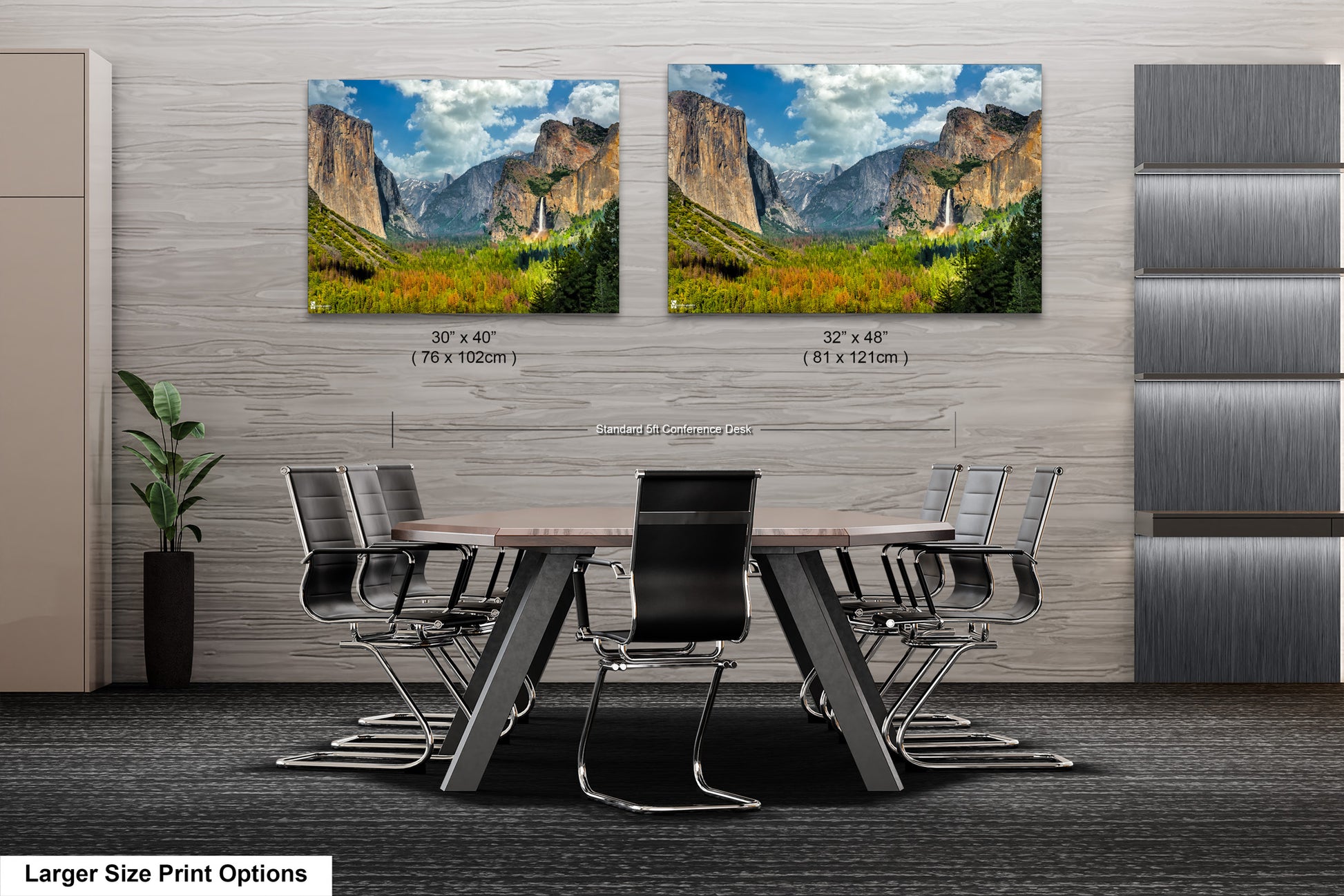 a dining room table with chairs and two pictures on the wall