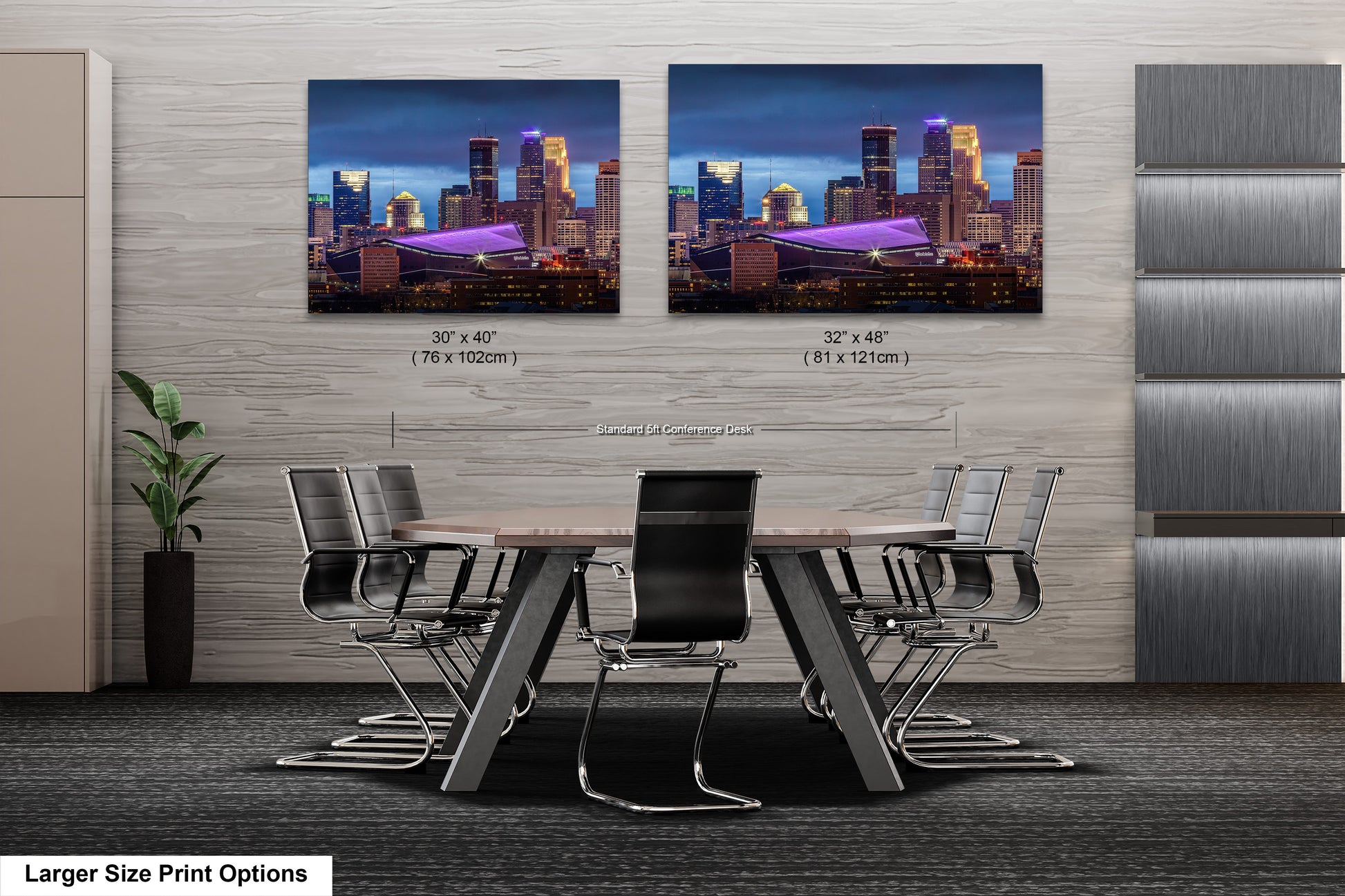 a dining room table with chairs and a picture of a city