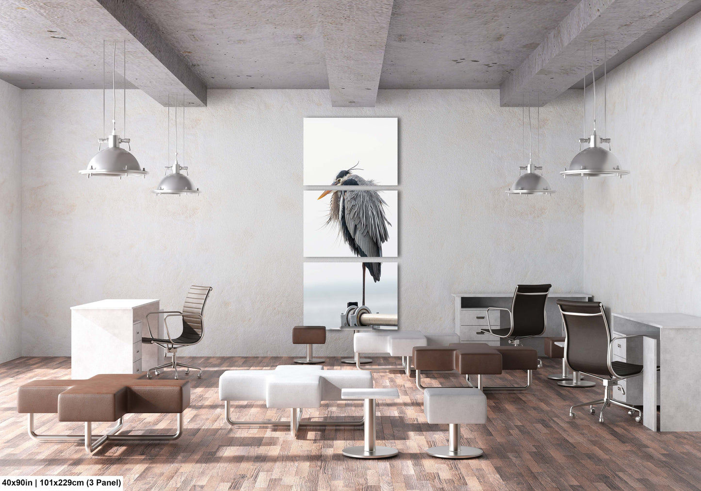 a room with chairs, desks, and a bird in a window