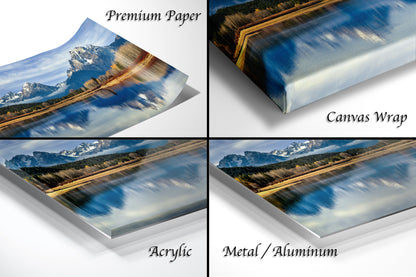 The image is a collage of four different images, each depicting a landscape with mountains and a lake. The images are labeled as "Premium Paper", "Canvas Wrap", "Acrylic", and "Metal/Aluminum".