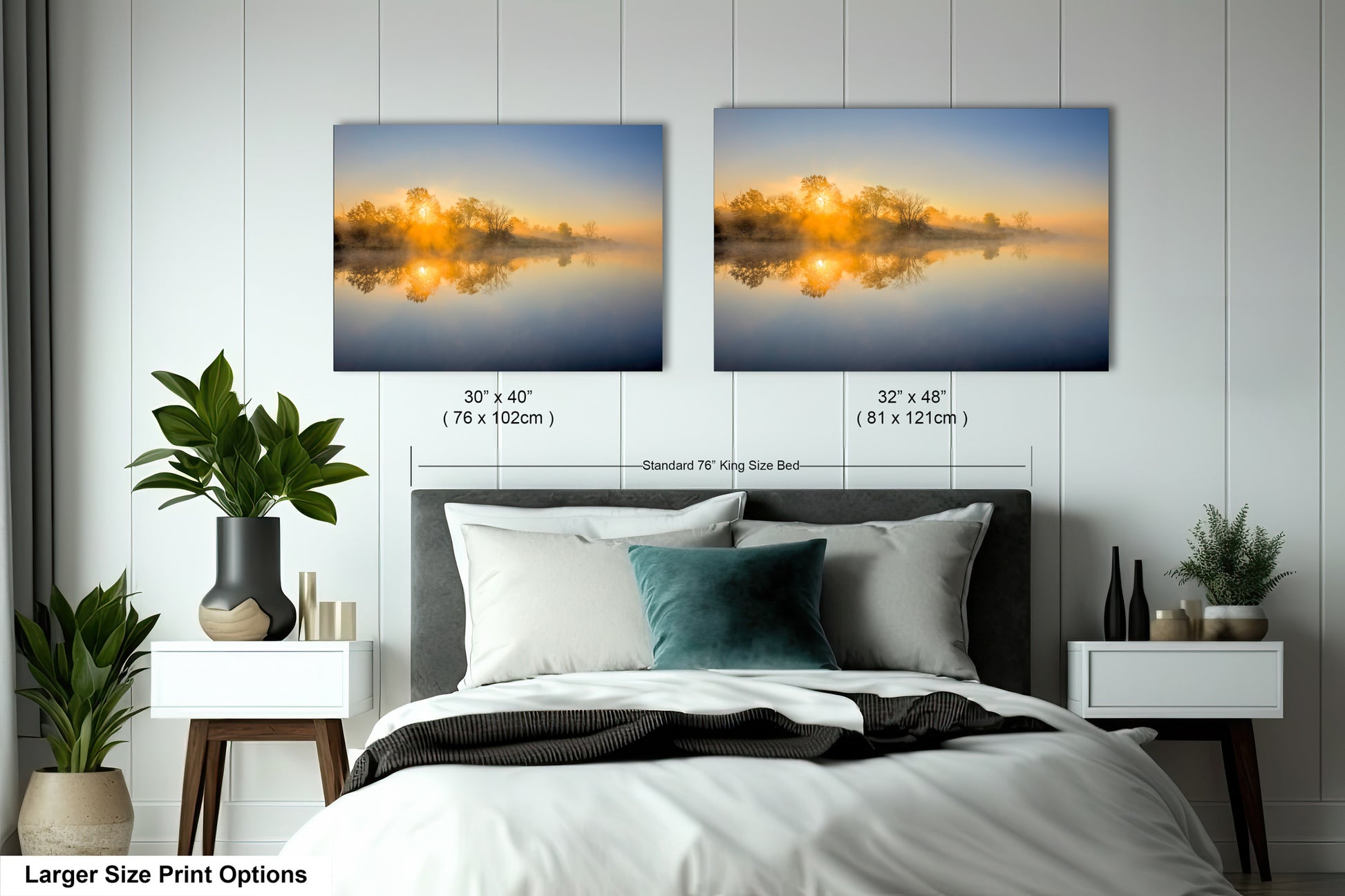 a bedroom with a bed and two pictures on the wall