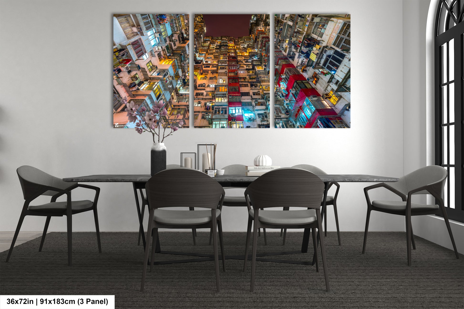 a dining room with a table and chairs