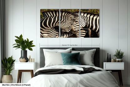 a couple of zebra standing next to each other on a bed