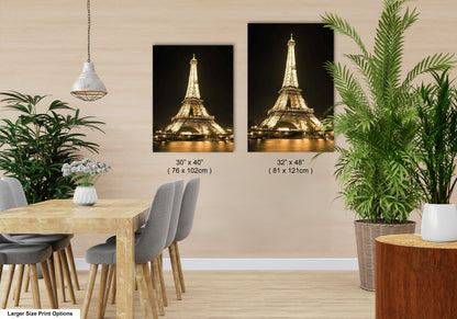 two pictures of the eiffel tower lit up at night