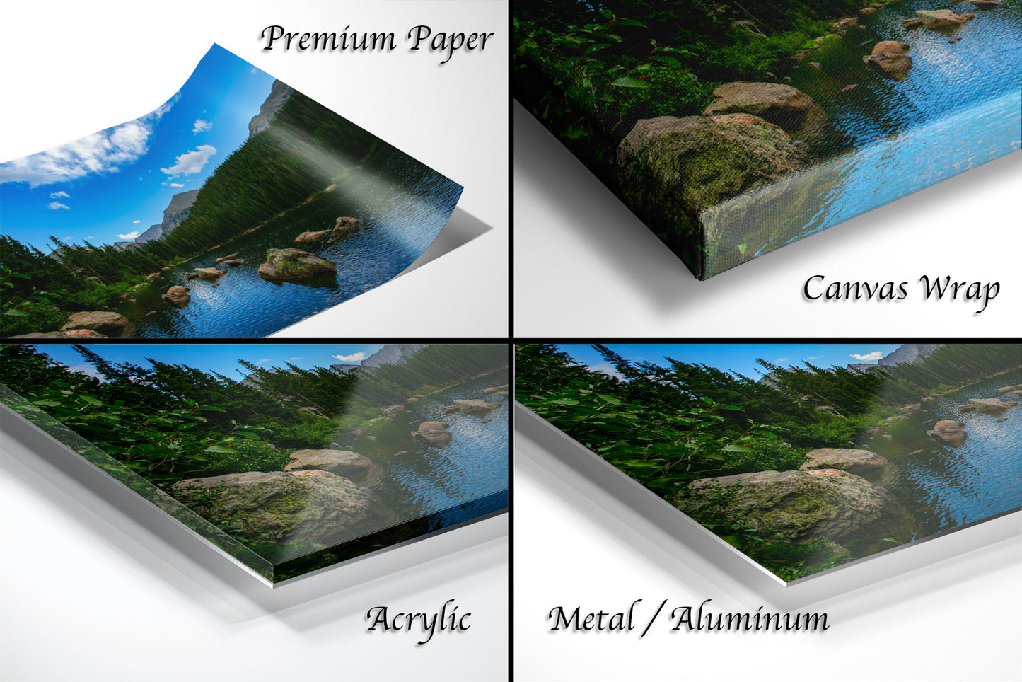 The image is a collage of four different images, each depicting a landscape scene with a river, trees, and rocks. The images are labeled as "Premium Paper", "Canvas Wrap", "Acrylic", and "Metal/Aluminum".