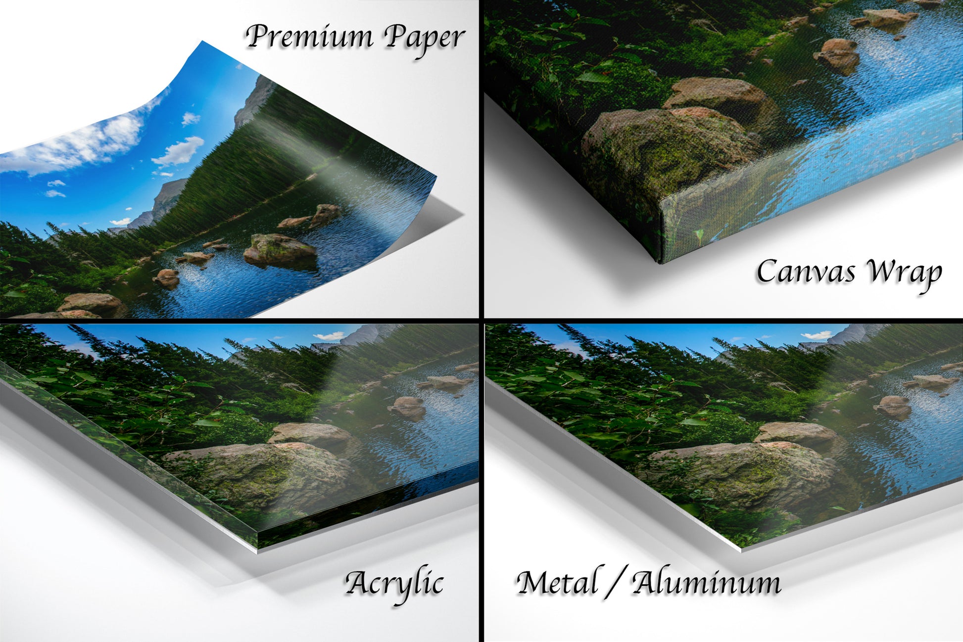 The image is a collage of four different images, each depicting a landscape scene with a river, trees, and rocks. The images are labeled as "Premium Paper", "Canvas Wrap", "Acrylic", and "Metal/Aluminum".