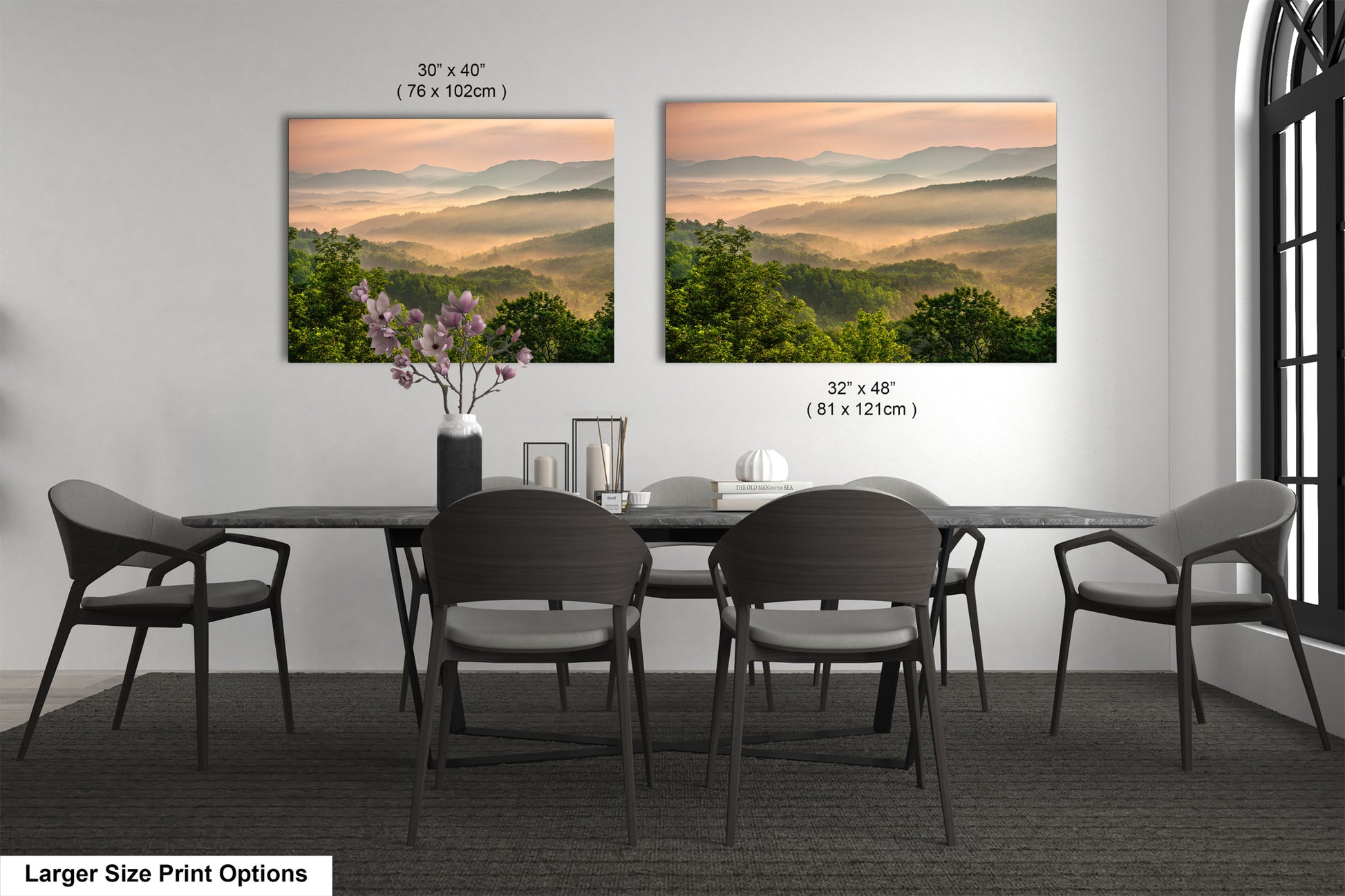 a dining room with a table and chairs