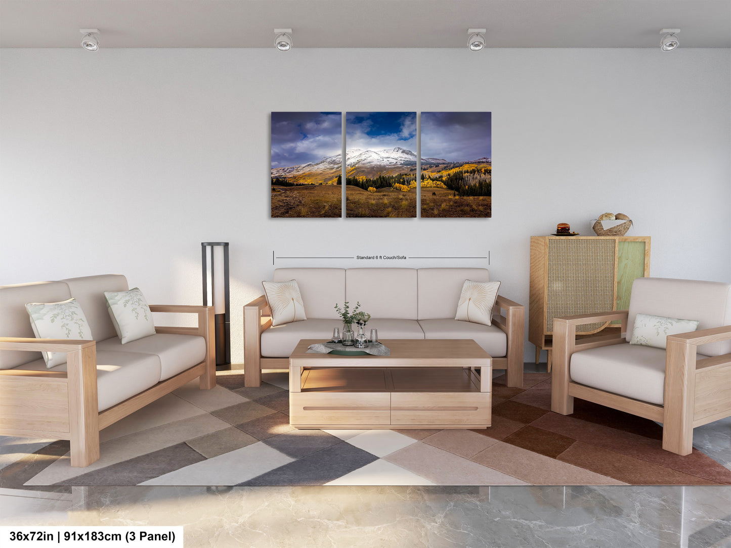 a living room filled with furniture and a painting on the wall