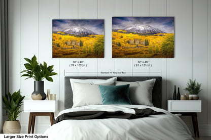 a bed room with two pictures hanging on the wall