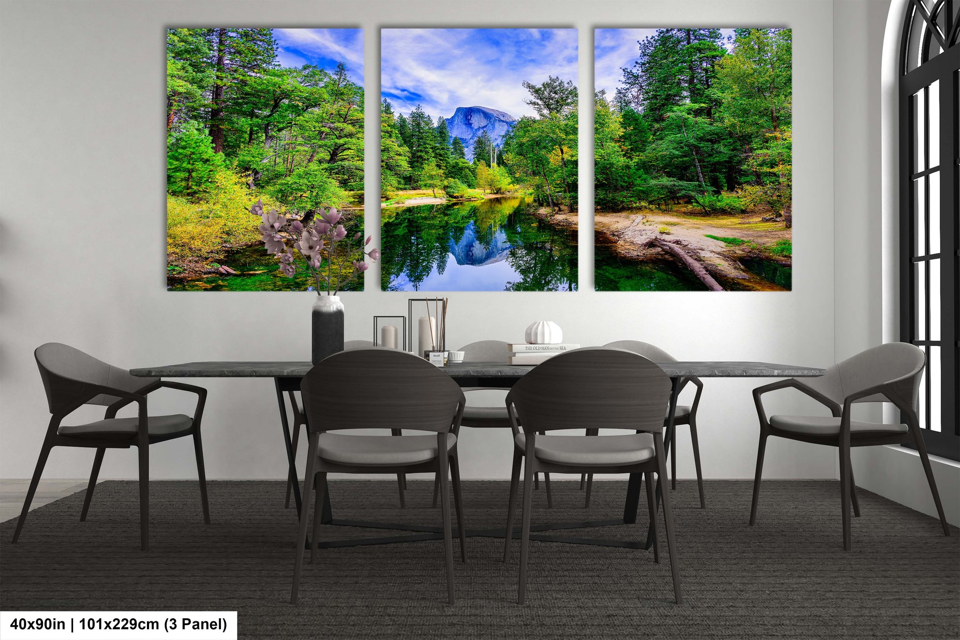 a dining room with a table and four chairs